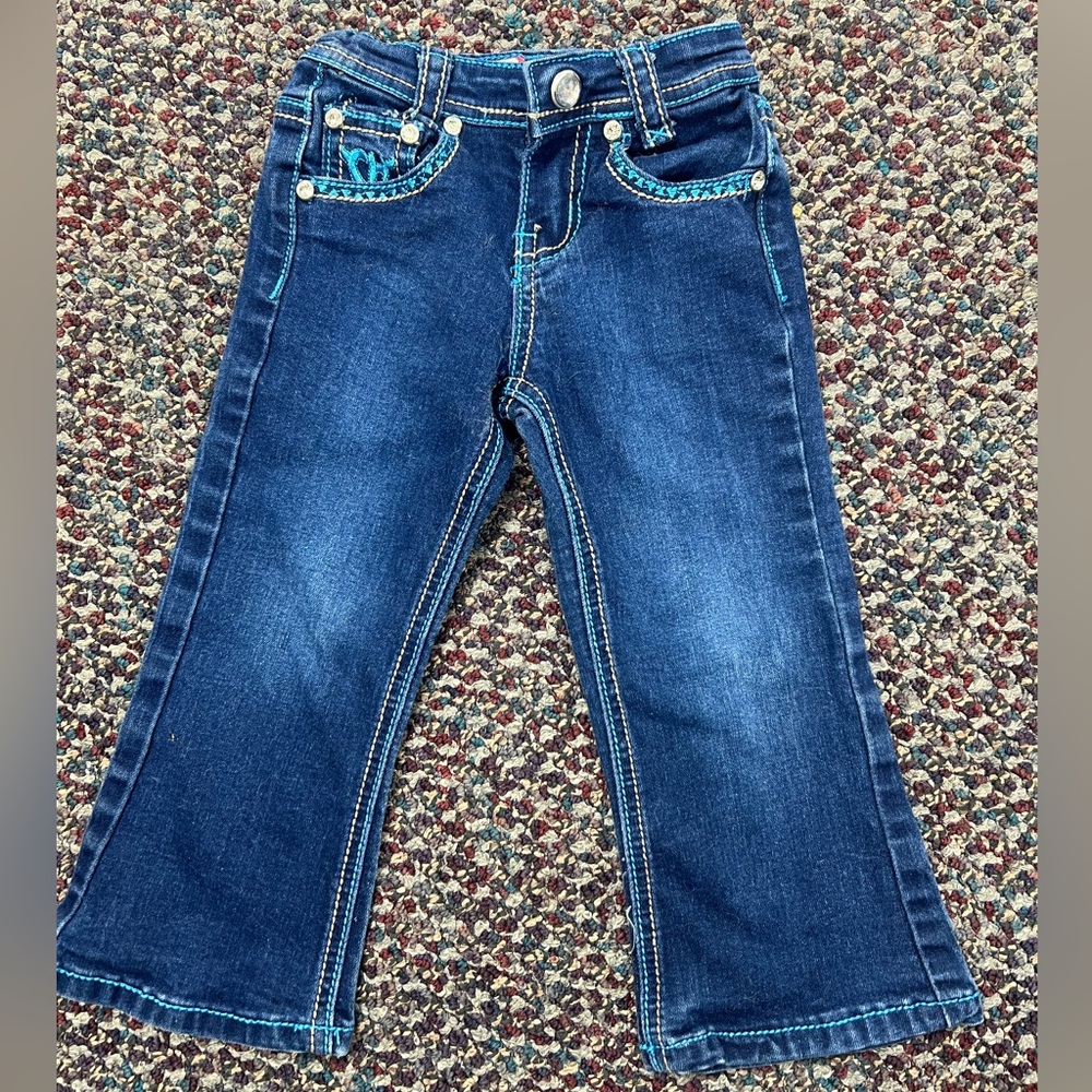 Girls Dark Blue Flared Denim Jeans with Contrast Stitching